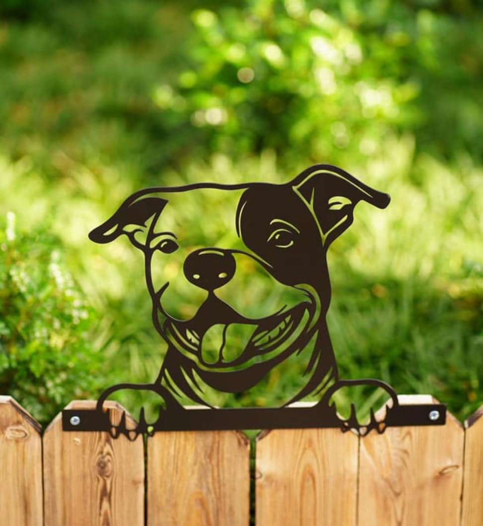 New||Pitbull Metal Fence and Post Topper, Peeping Dog Garden Decoration, 31cm||Ideal,Unique Gift for a Dog Lover||