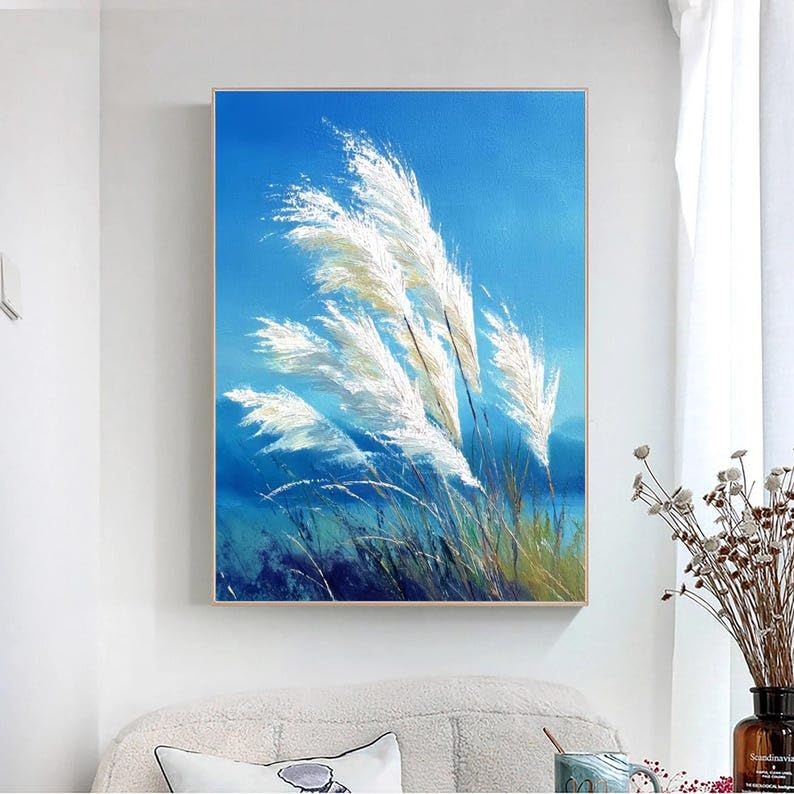 Fleurs de roseau en peinture à l'huile pour une maison zen