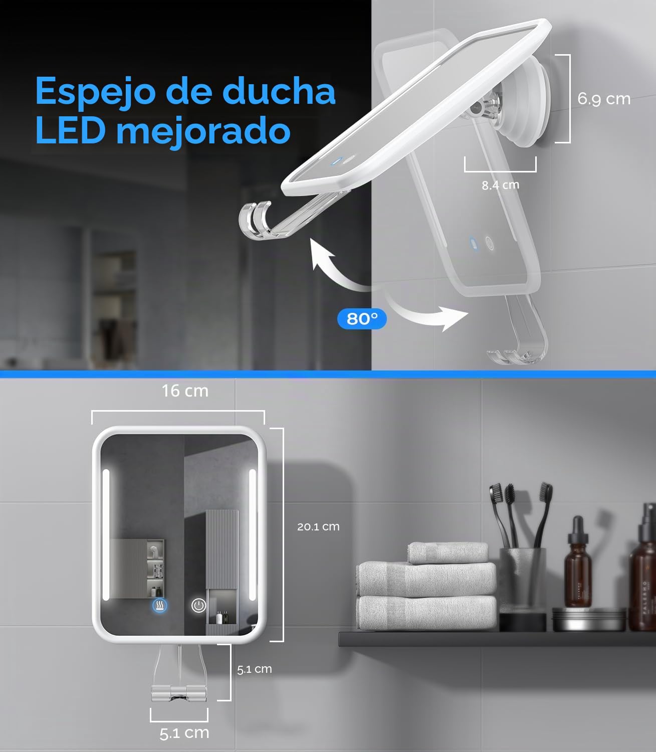 Gospire Espejo de Ducha con calefacción sin Niebla para afeitarse con luz, batería Recargable de 5000 mAh, Ventosa Desmontable y Soporte para maquinilla de Afeitar para Pared, sin perforación