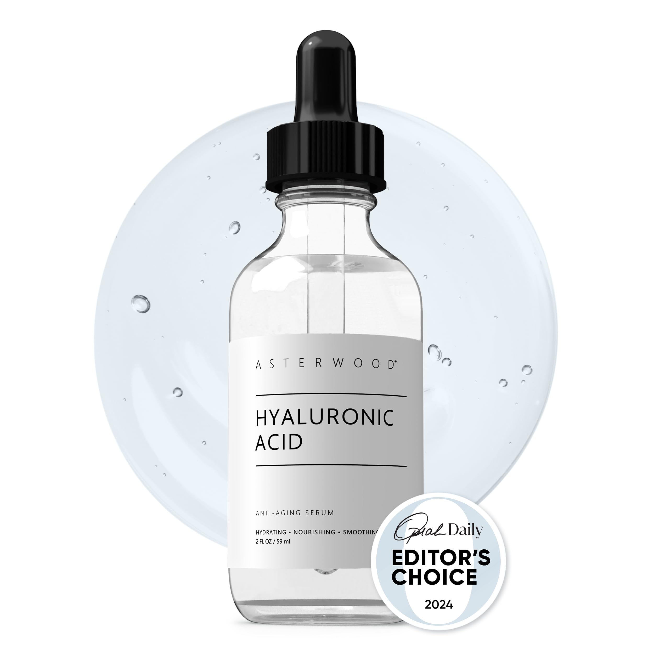 ASTERWOOD Pure Organic Hyaluronic Acid Serum 2 oz - Anti Aging, Anti Wrinkle - Face Moisturizer for Dry Skin & Fine Lines - Leaves Skin Full & Plump - Naturals - 2 Ounce Glass Dropper Bottle