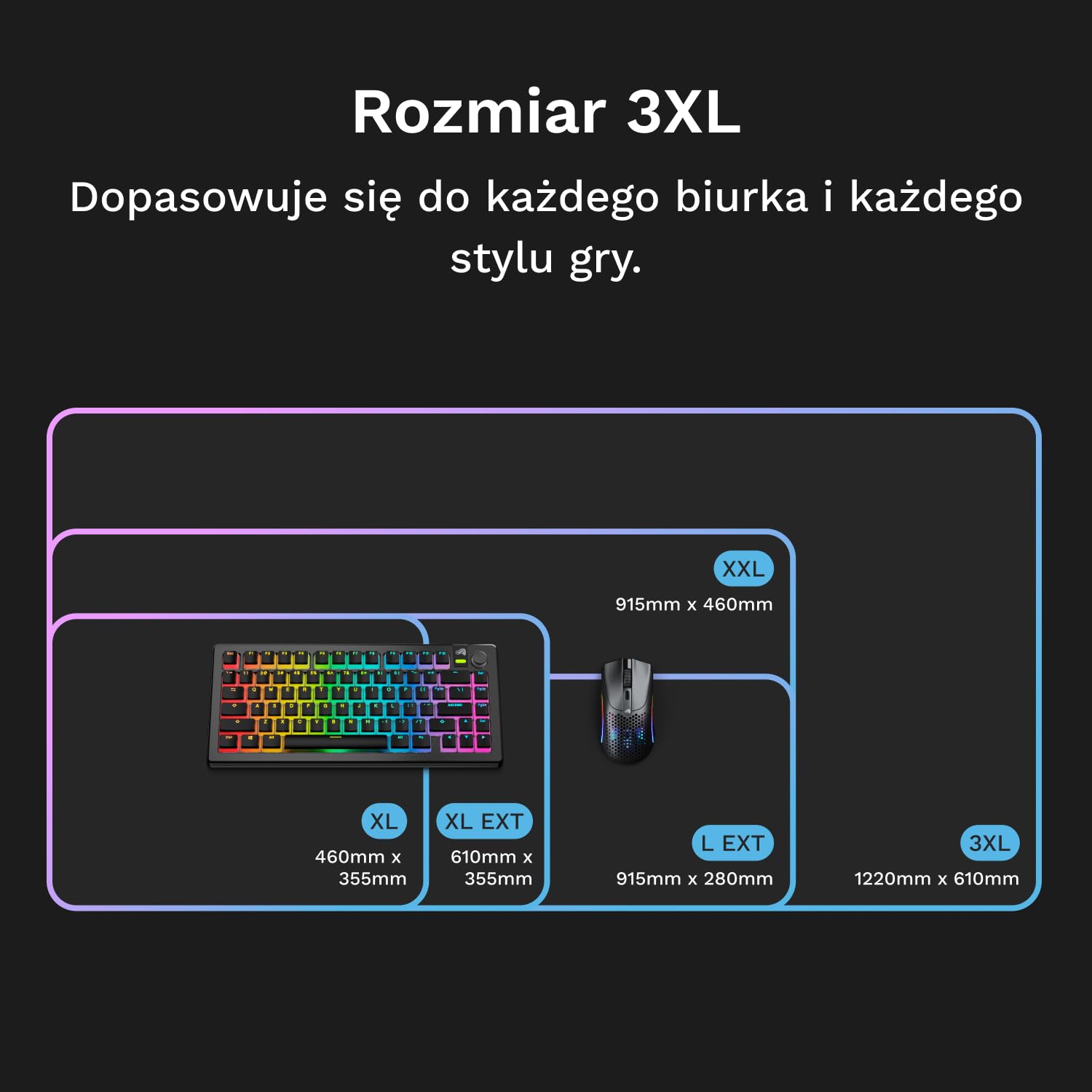 Glorious Gaming GMP 2 GLED Large Extended – podkładka pod mysz z dwustrefowym podświetleniem RGB, bezszwową krawędzią InfiniGlow, powierzchnią premium i gumowym spodem 915mm x 280mm x 3mm