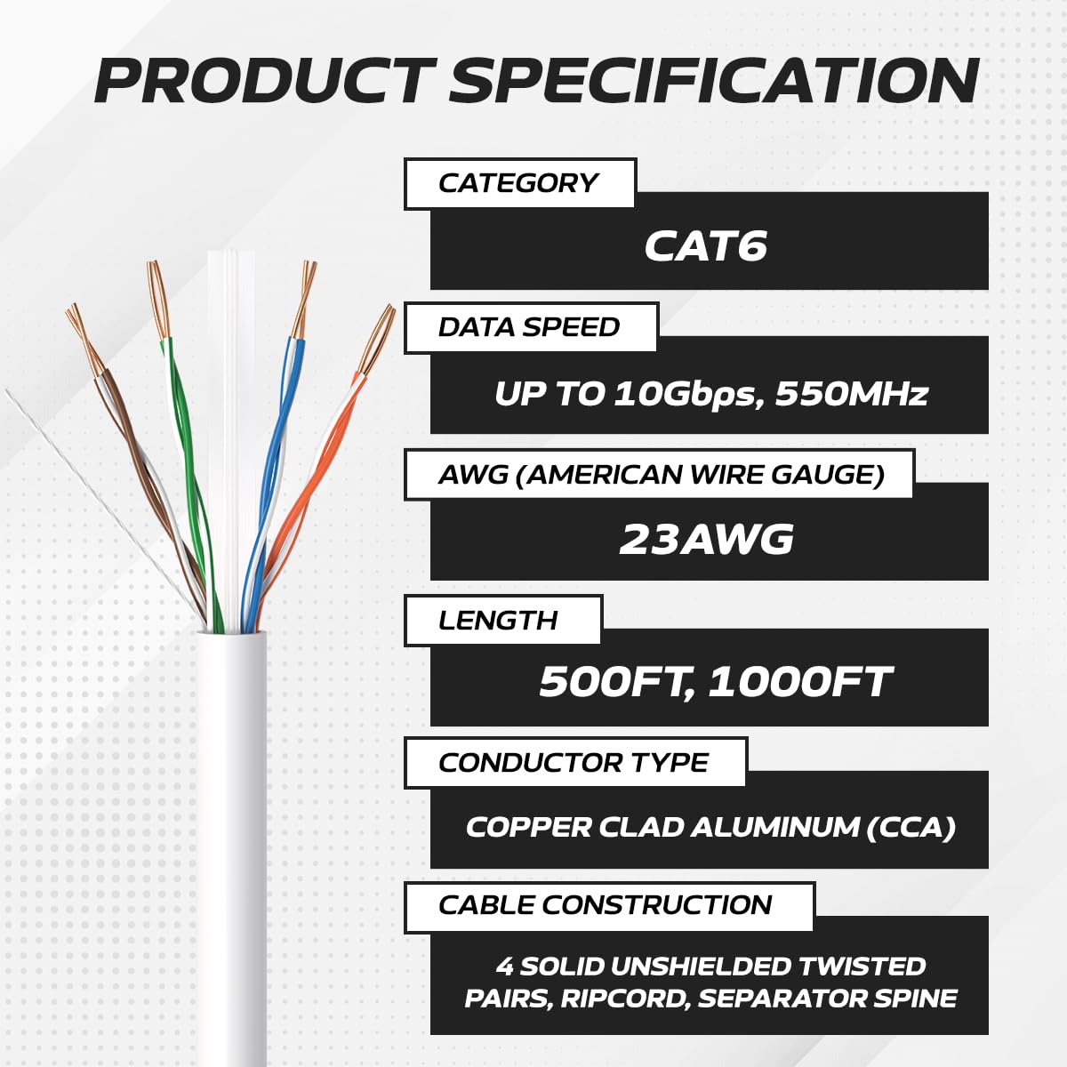 CAT6 500FT FTP Shielded Outdoor Network Ethernet Cable Bulk 550MHz 23 AWG Black