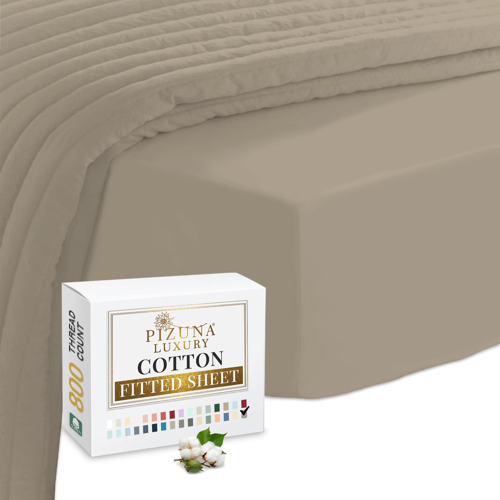 Pizuna Luxury Cotton Fitted Sheets Simply Taupe, 800 Thread Count 100% Long Staple Cotton Emperor Fitted Sheets 200x200cm