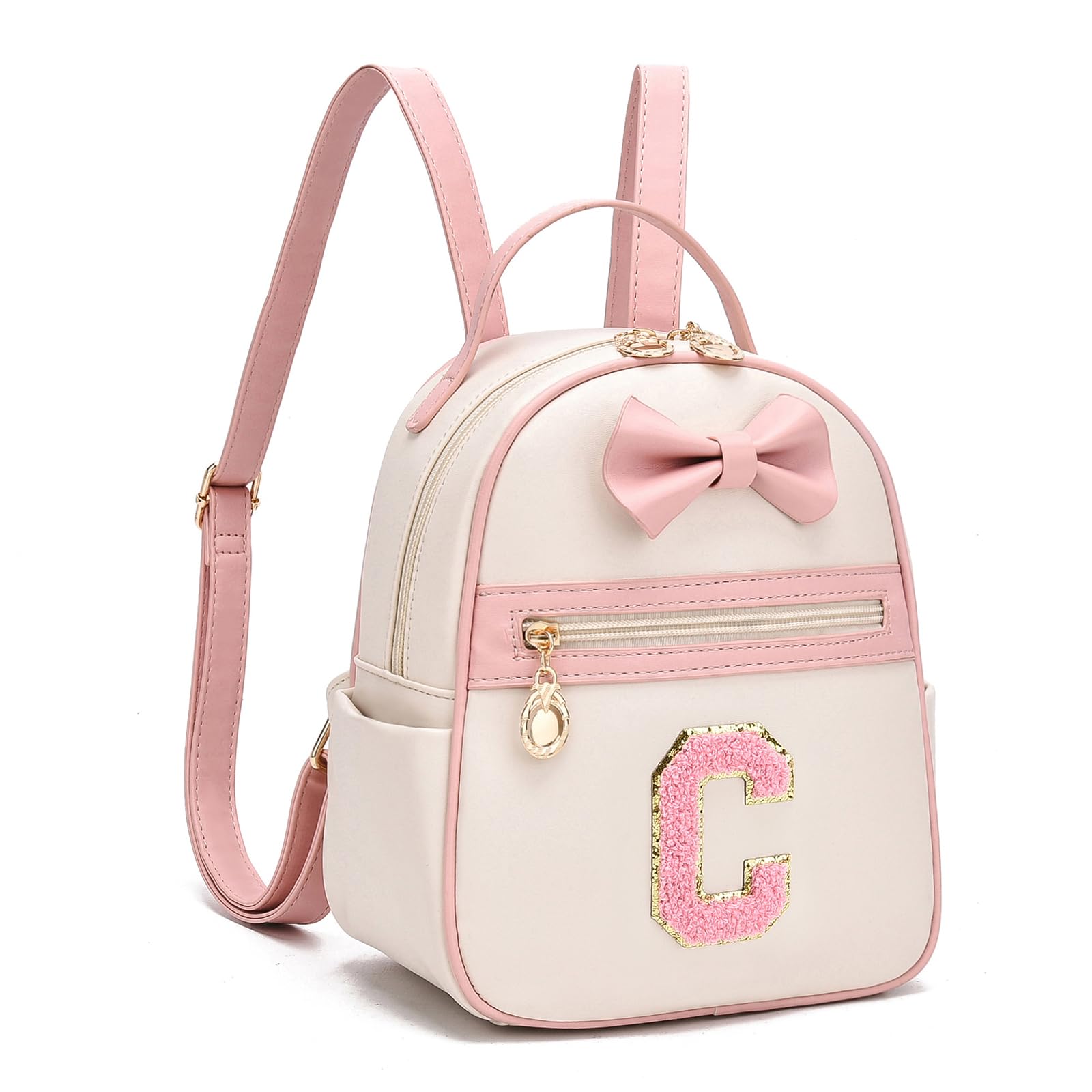 I IHAYNER Girls Initial Bowknot Small Leather Backpack Cute Mini Backpack Personalized Trendy Stuff Gifts for Women Pink-C