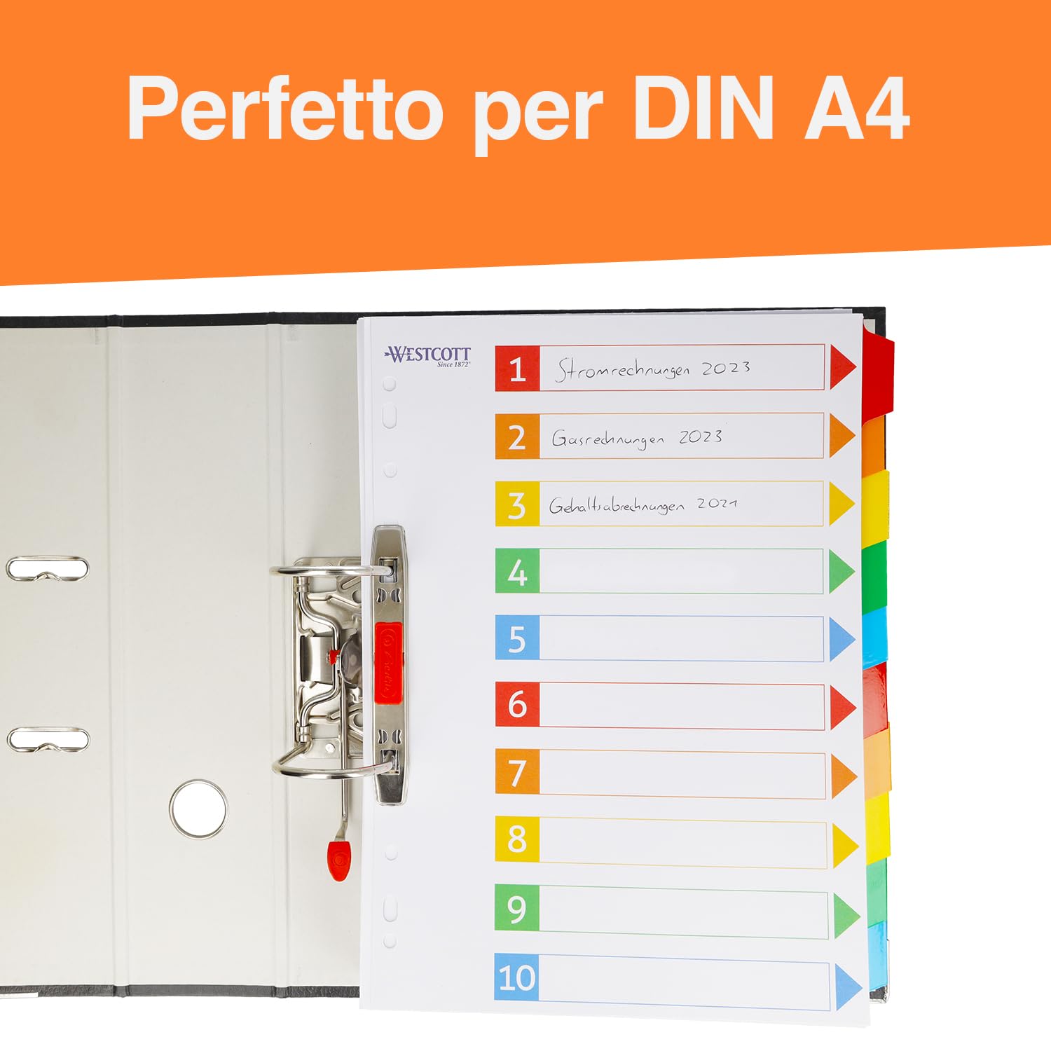 Westcott Registratore per cartelle A4 10 schede scrivibili 5 colori 160 g/m² foratura europea