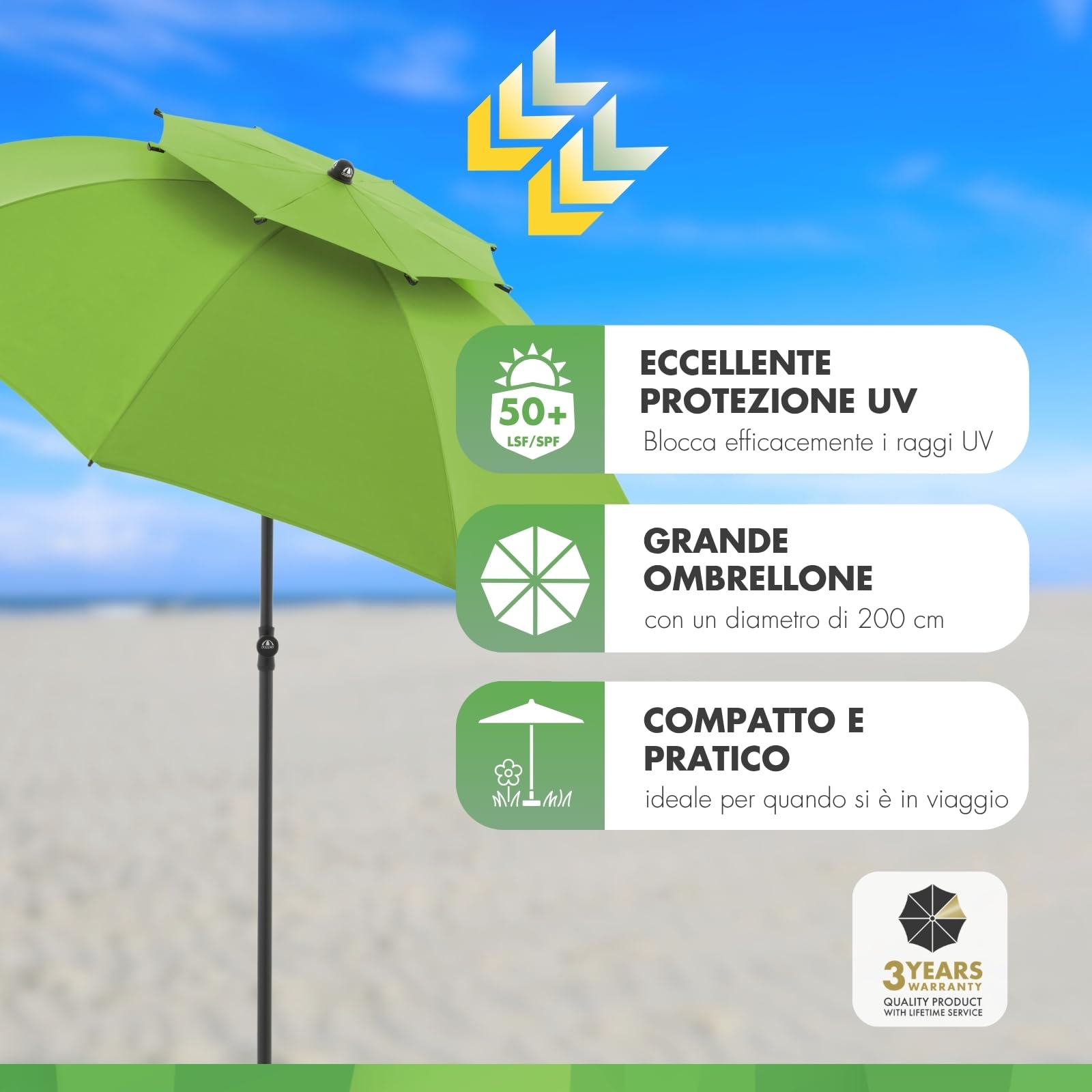 derby Ombrellone da 200 cm, ombrellone per spiaggia, balcone e terrazza, regolabile in altezza, con protezione UV, ombrellone pieghevole, per spiaggia e piscina all'aperto, ombrellone da spiaggia