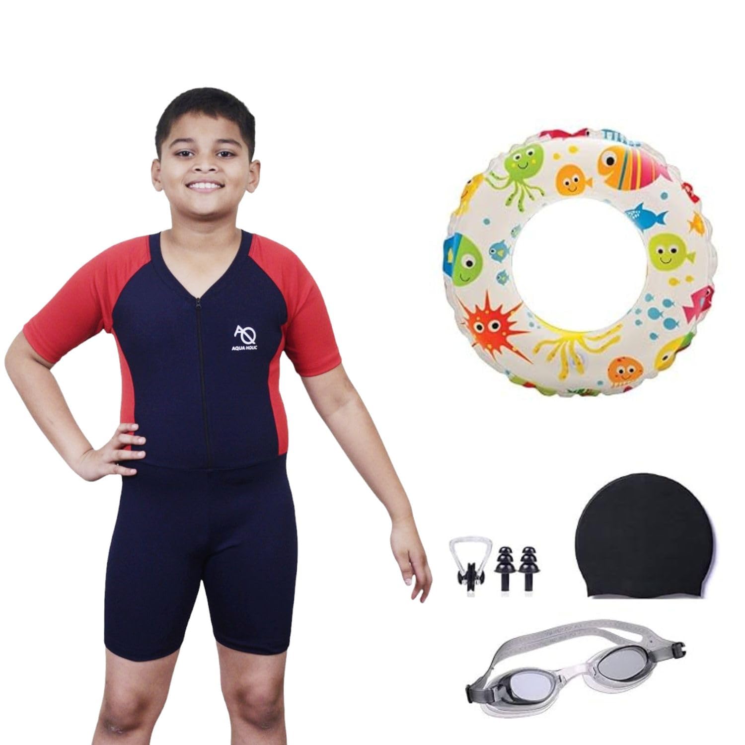 Aqua HolicSwimming Kit with 1 Printed Swimming Half Suit| Costume | with 1 Anti Fog Swimming Goggles, Swimming Cap,1 Nose Clip, 2 Ear Plugs,1 Swimming Ring(Tube) for Boys Multicolour