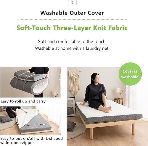 Miniatura 7 de EMOOR Colchón de suelo tipo rollo de alta resistencia, tamaño matrimonial, distribución de presión de espuma de caja de huevos, funda extraíble y