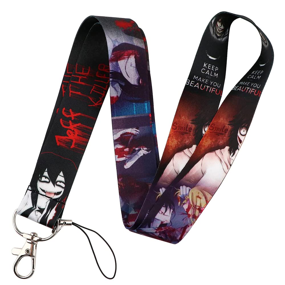 Pinstant Jeff the Killer Creepypasta Urban Legend Go To Sleep 17.7" Neck Lanyard Keychain Holder ID Badge Mobile Phone Pin Strap, Blue