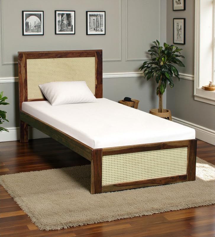 Image of Solid Sheesham Wood Jaipori Single Bed Without Storage | Wooden Single Bed Cot Palang Furniture for Bedroom Living Room Home and Hotel (Provincial Teak Finish)