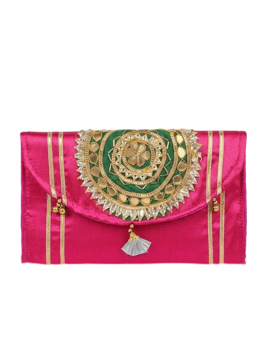 Pink Satin Clutch Bag for Women with Gold Embroidery, Magnetic Closure & Tassel Detail, Ethnic Indian Style Wedding Handbag-image-26