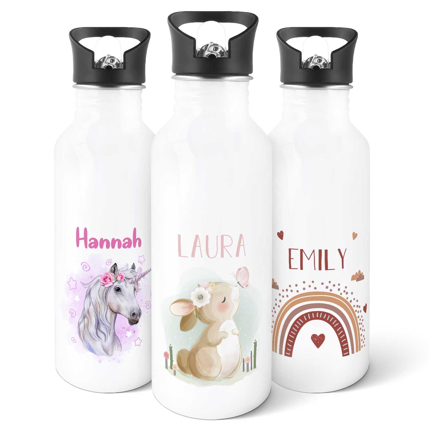 GRAVURZEILE - Bedruckte Trinkflasche aus Edelstahl - Hase - Personalisiert mit Namen - 600 ml - Auslaufsicher mit klappbarem Mundstück und integriertem Trinkhalm