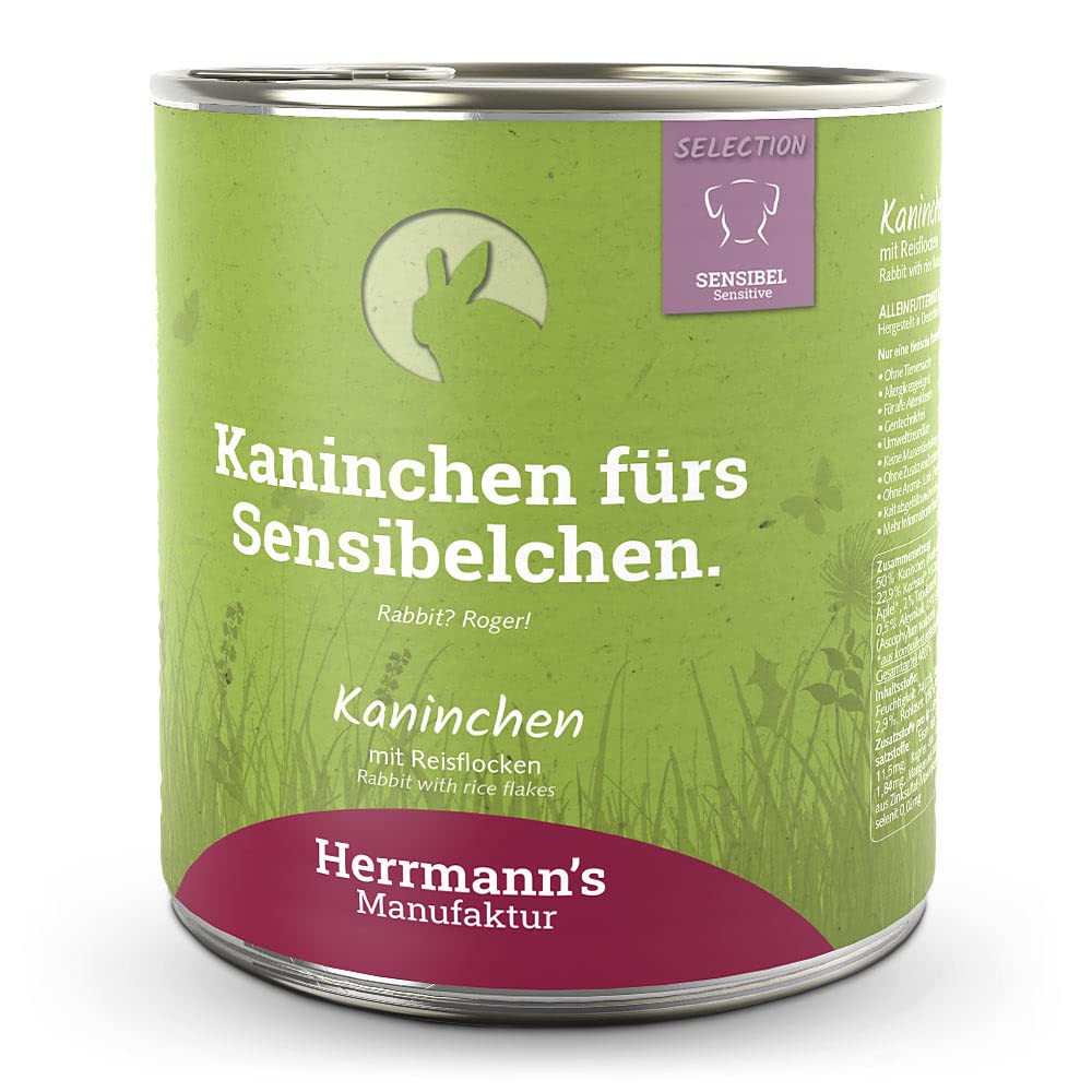 HERRMANN'S – Sensibel Kaninchen mit Reisflocken | Nassfutter mit natürlichen Zutaten für ausgewachsene Hunde. Alleinfutter in Manufaktur-Qualität ohne Zusatzstoffe in der Dose | 6x800g