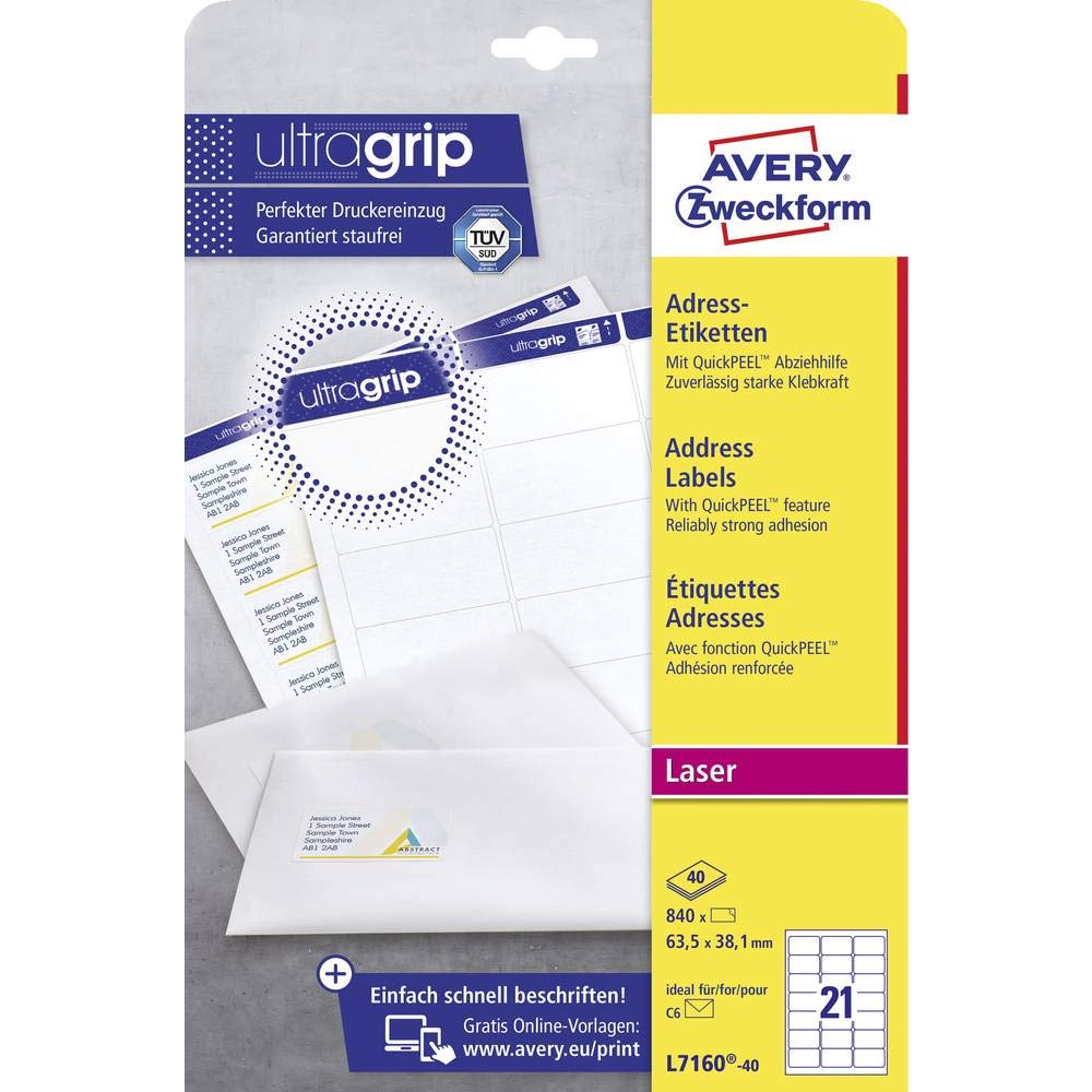 AVERY Zweckform L7160-40 Adressetiketten/Adressaufkleber (840 Etiketten mit ultragrip, 63,5x38,1mm auf A4, bedruckbar, selbstklebend, für DIN B6/C6 Briefkuverts, Papier matt) 40 Blatt, weiß