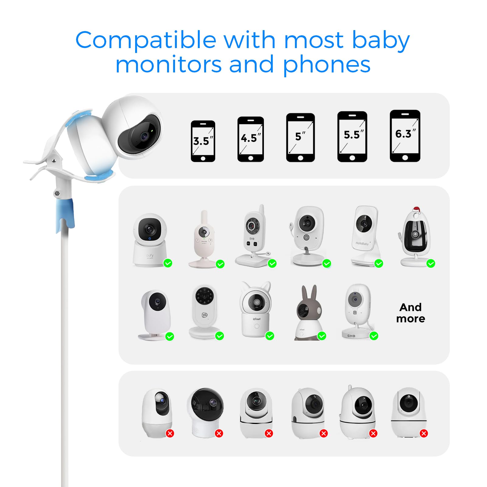 Universal Holder for GHB Baby Monitor,Flexible Baby Camera Mount Bracket for HelloBaby Monitor,Accessories Stand for VTech/Momcozy/Boifun/Babystar/ieGeek/Jeeber/Philips Video Camera,Mobile Phone Clip - Image 2