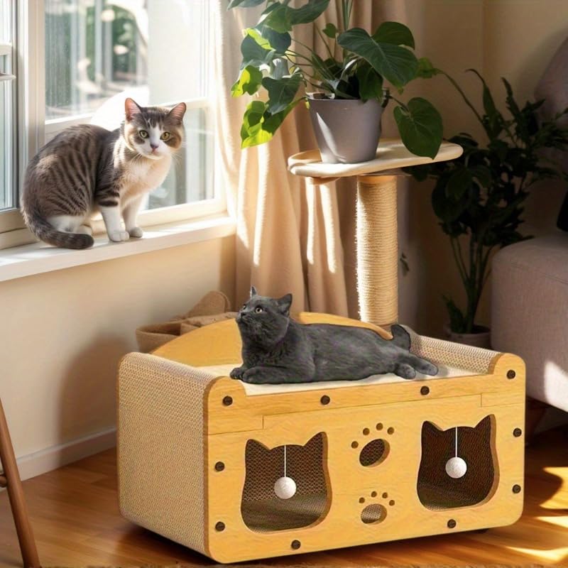 2-in-1 Kratzbaum und gemütliches Katzenbett mit hängendem Ballspielzeug - großes Kartonbett, Katzen-Spielhaus, Langlebiges Katzenspielzeug, lustige Möbelgeschenkidee, Katzenzubehör