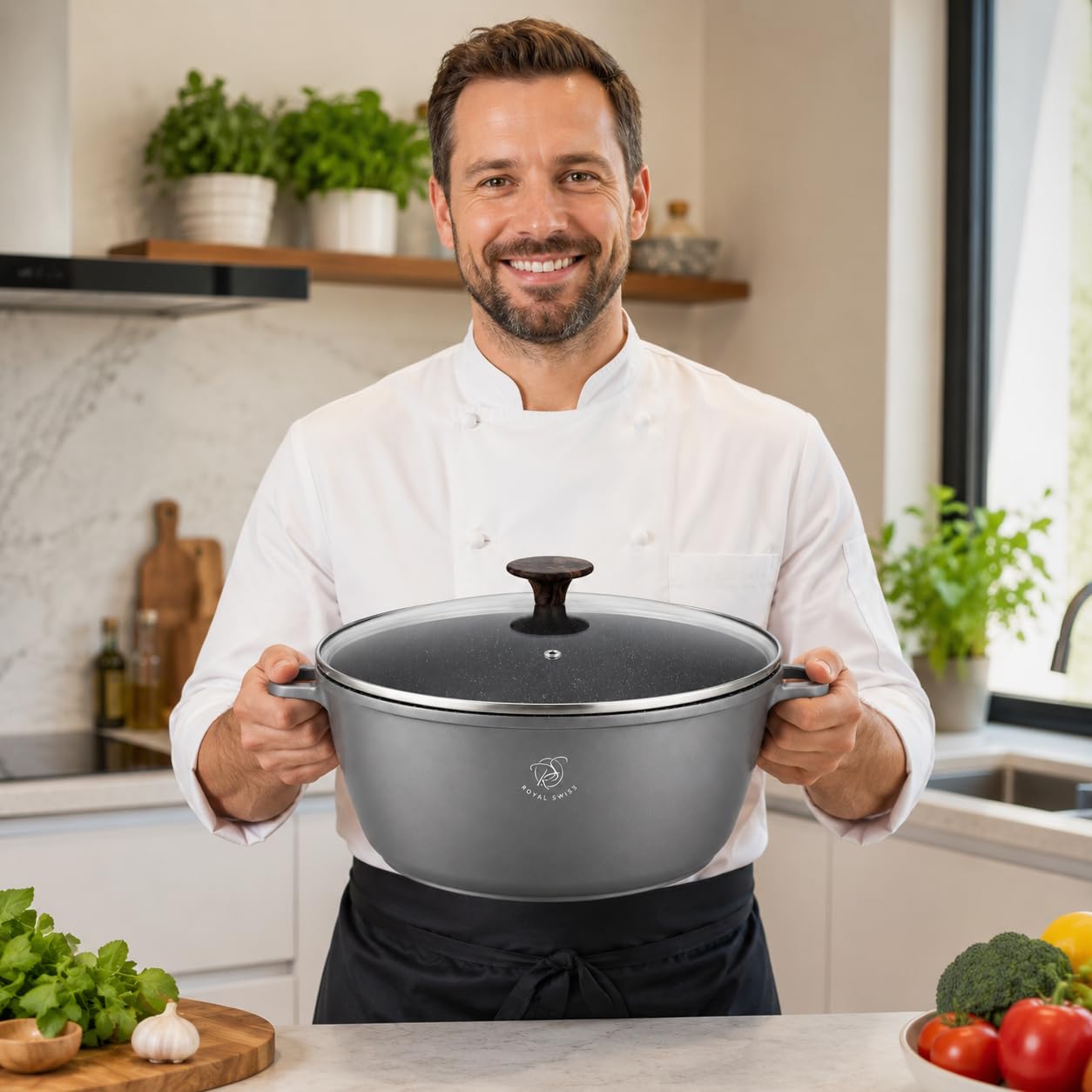 Royal Swiss - Olla (28 cm, 6 L, color gris oscuro, aluminio con revestimiento de mármol, antiadherente, tapa de cristal, inducción para todos los fuegos, compatible con horno con guantes de cocina