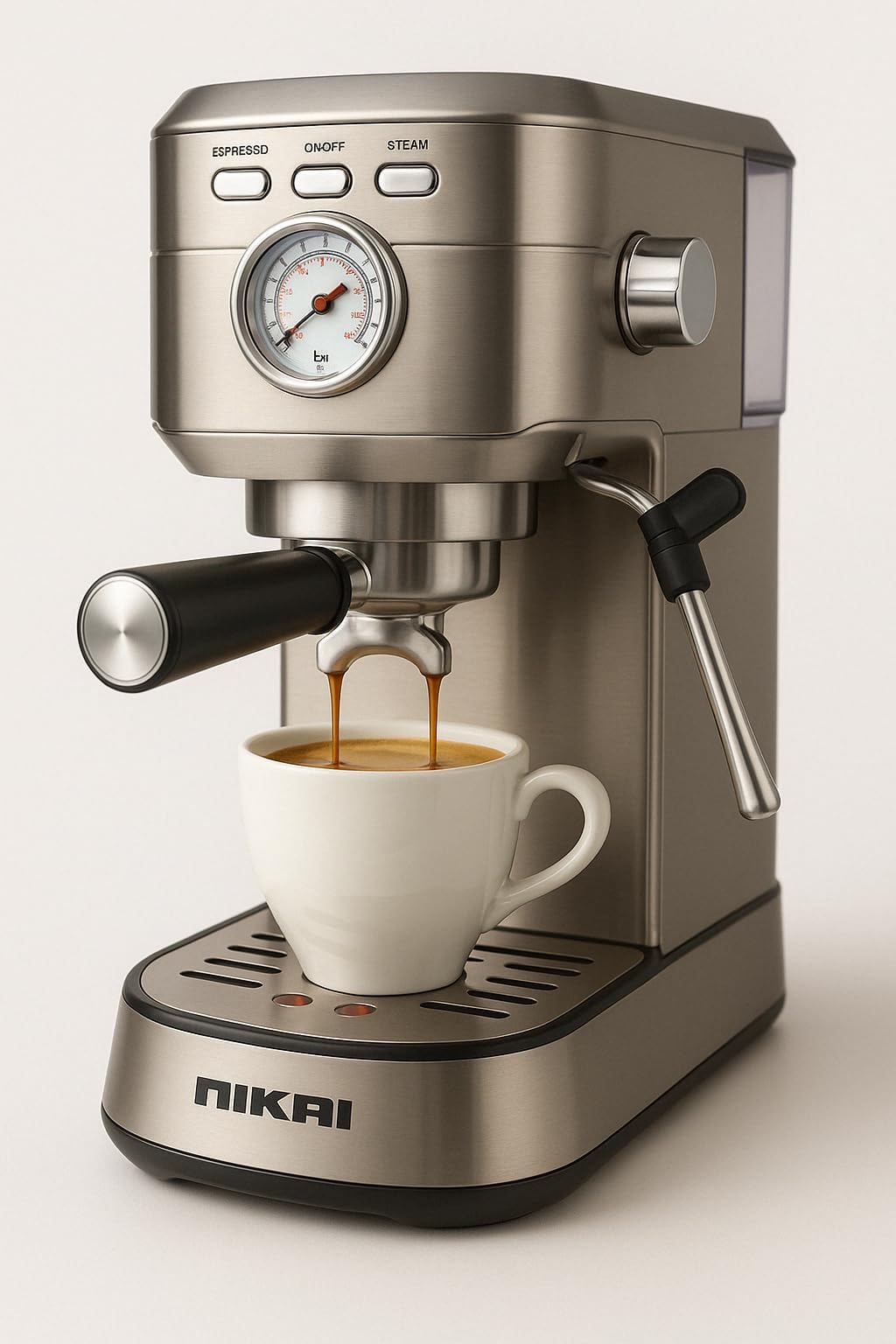 Nikai Manual Coffee Machine For Making Espresso, Cappuccino & Latte - 20 Bar ULKA Pump, Pressure Gauge, 1L Tank, Pre-Brew & Frothing Functions, Best for Home & Office- NEM330A, Beige2 years warranty