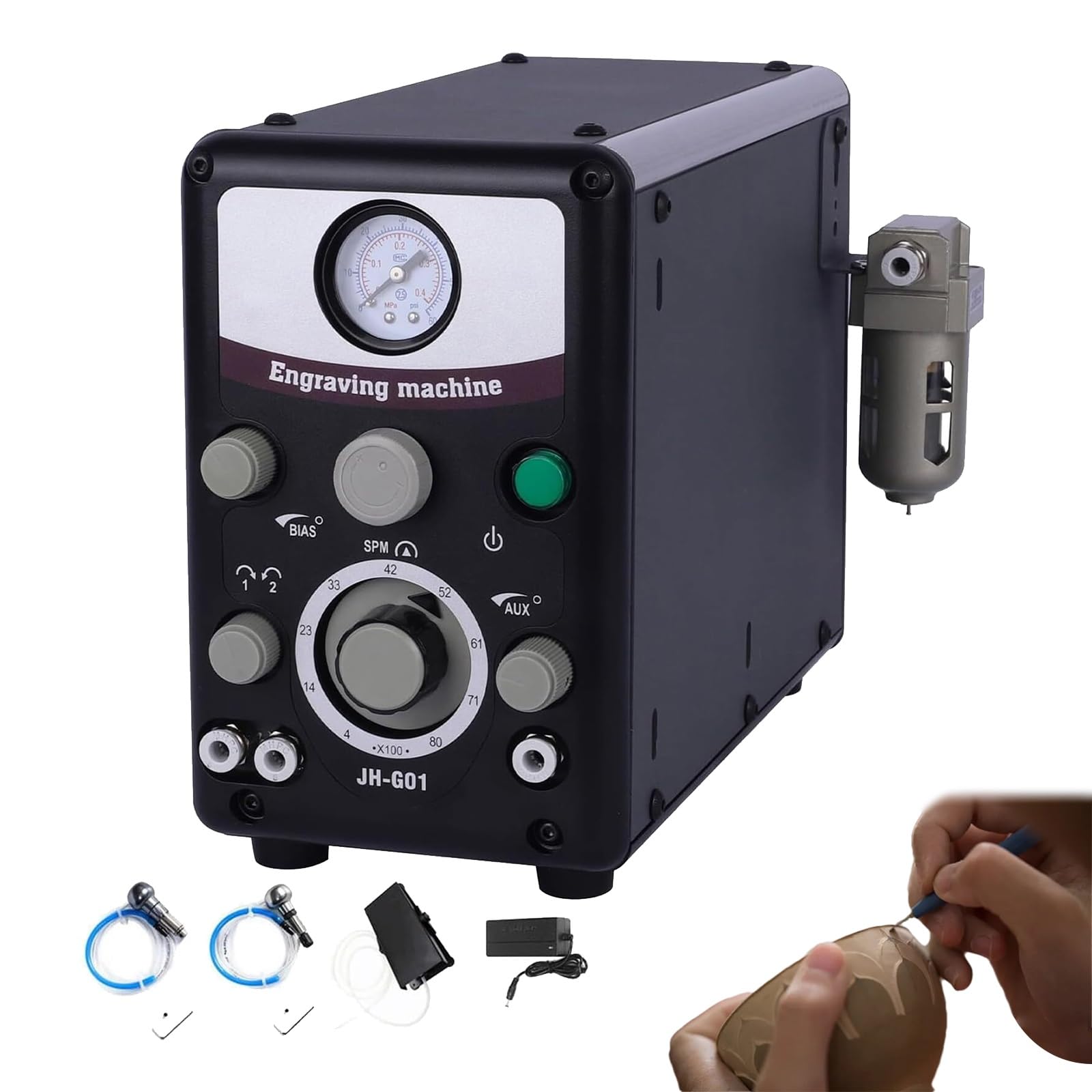 Máquina de grabado neumática para joyería, grabador de impacto de doble cabezal de 400-8000 RPM con filtro y pedales, barómetro de 0-60 PSI, grabador neumático para metal, plástico, madera