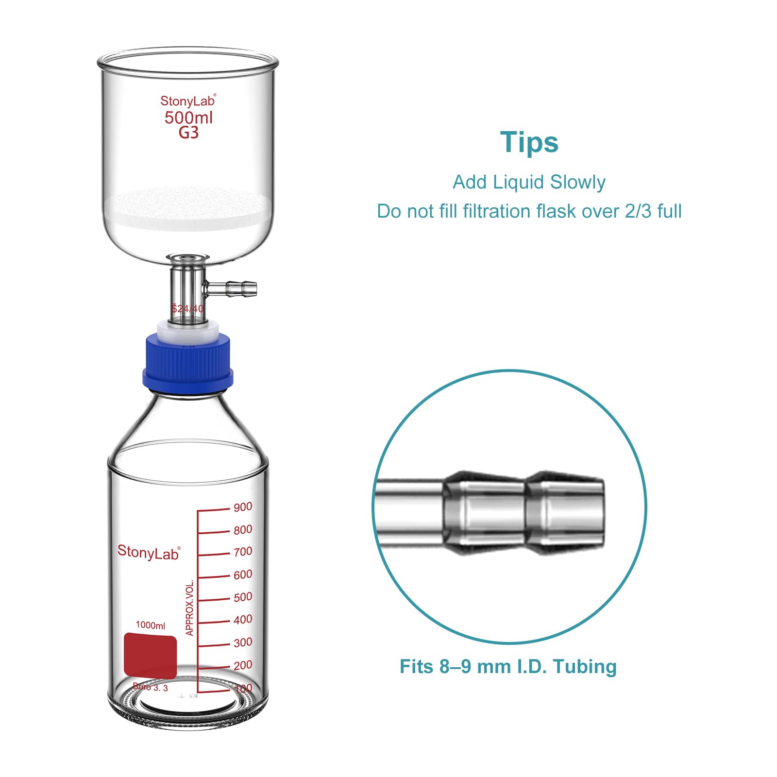 stonylab Buchner Trichter Saugfiltrationsapparat mit PP Adapter, Borosilikatglas, 500 ml Trichter mit Feiner Fritte (G3) und 1000 ml Vorratsflaschen, 24/40 Schliff, für Laborgebrauch