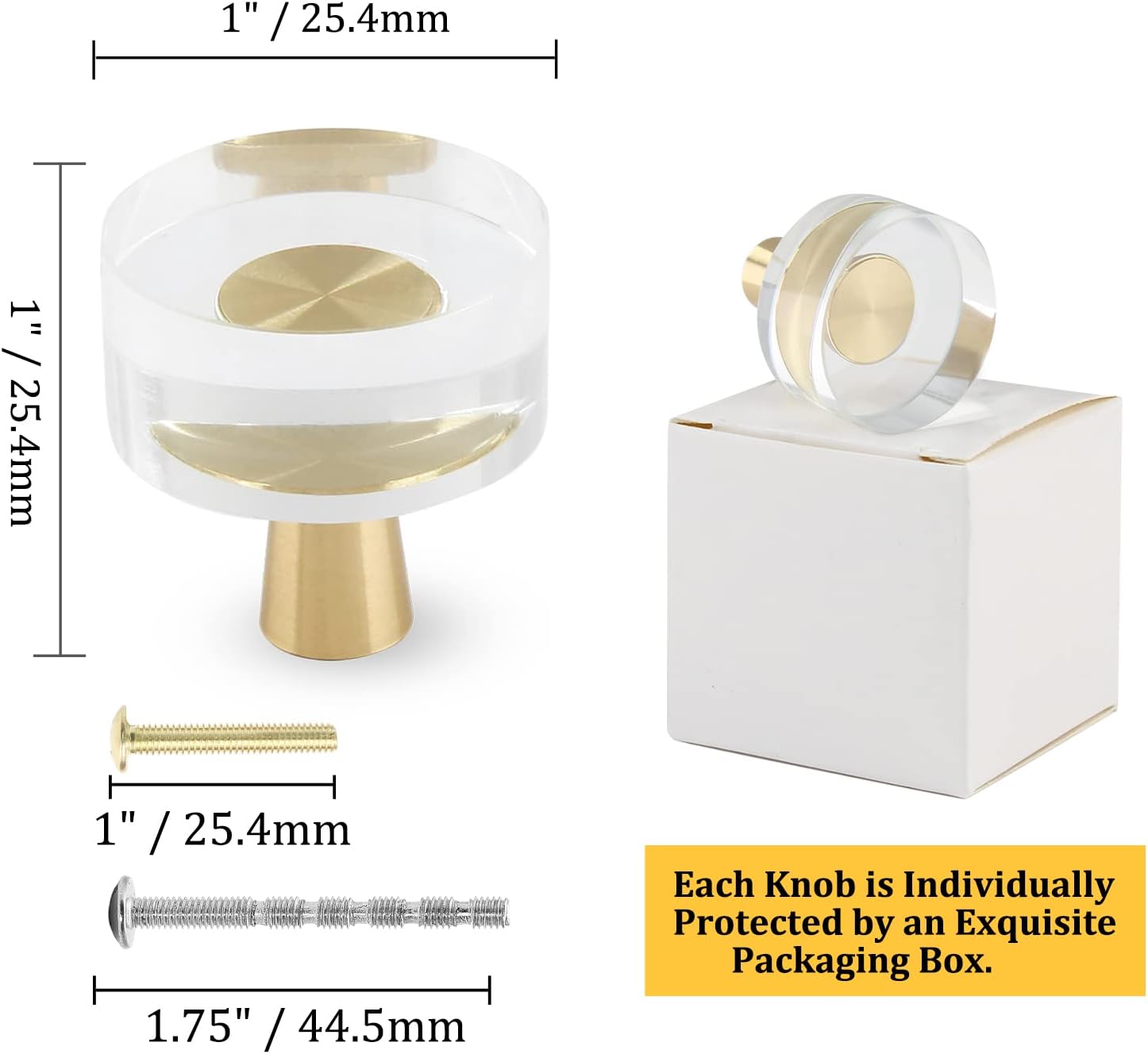 6Pcs Acrylic Round Cabinet Knobs - Gold Lucite Knobs, Clear Glass Dresser Pulls Crystal Decorative Draw Knob Luxury Vanity Knob Solid Brass Furniture Pull for Cupboard Kitchen Drawer