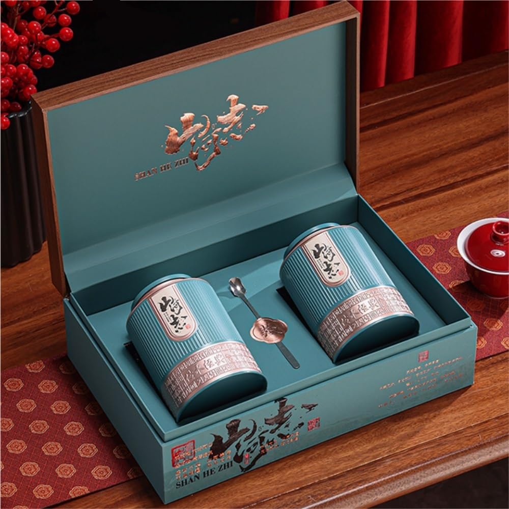 Tarro De Azúcar Contenedor de Almacenamiento de té a Granel, Tarro de Cocina, Lata sellada, Juego de té Chino Retro, Caja de Regalo con Tarro Doble Bote De Té(B)