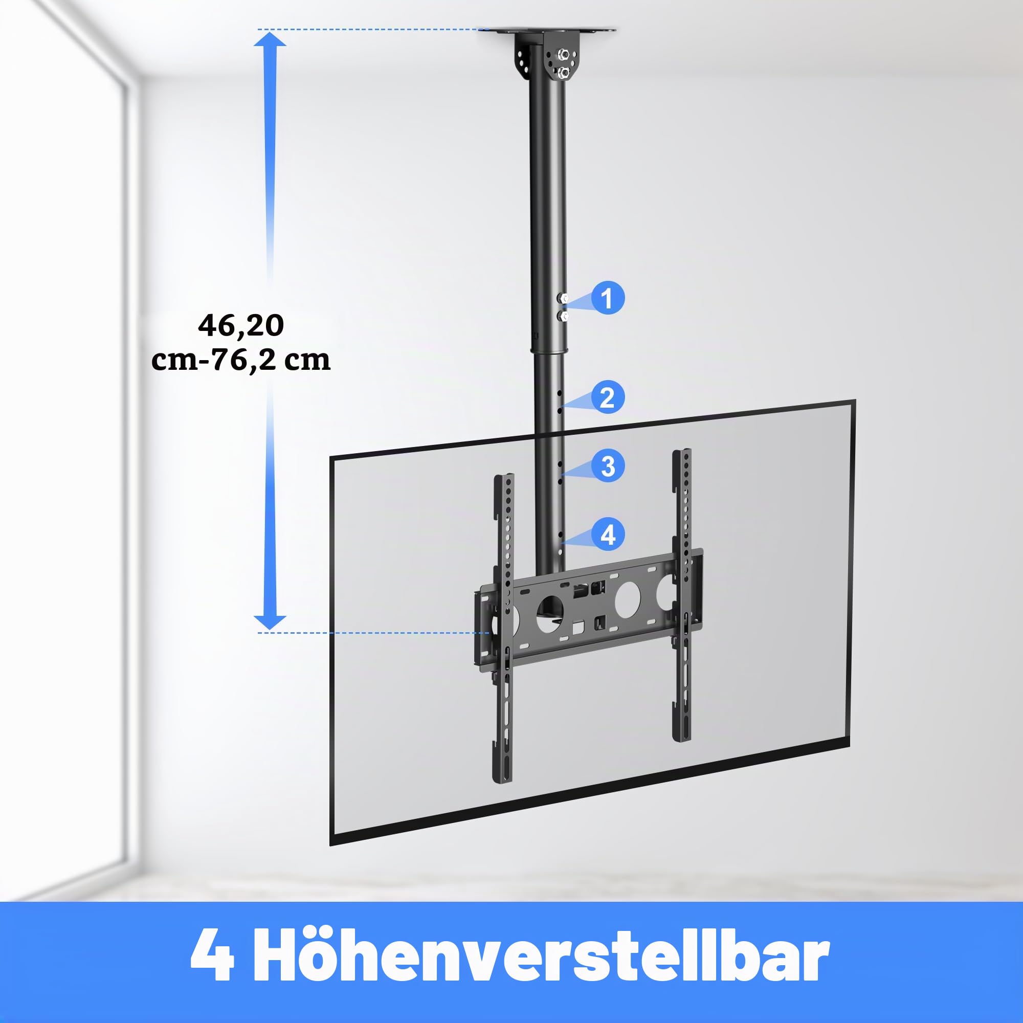 XINLEI TV Deckenhalterung Schwenkbar Neigbar 360° für 26-65 Zoll Fernseher bis 45kg, Höhenverstellbare Deckenhalterung mit 50mm Stahlrohr, hohles Rohr für Kabelmanagement – max. VESA 400×400mm