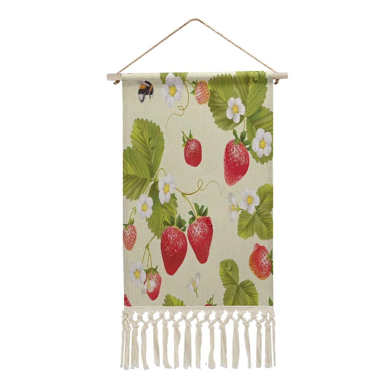 FekiLoot Lovely Strawberry Wall Art Print Decor Art Tapestry with Tassel Cotton Linen Hanging Poster Vintage Aesthetic Wall Art Poster Rustic Wall Art Decor for Home Bedroom Living Room Office