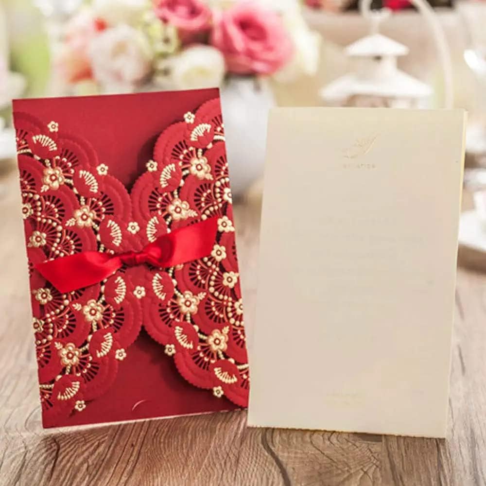 50pcs Red Wedding Invitations Cards with Foil Gold Floral & Bowknot 5x7 Laser Cut Invitation for Engagement Wedding Quinceanera Fancy Party Invites Favors