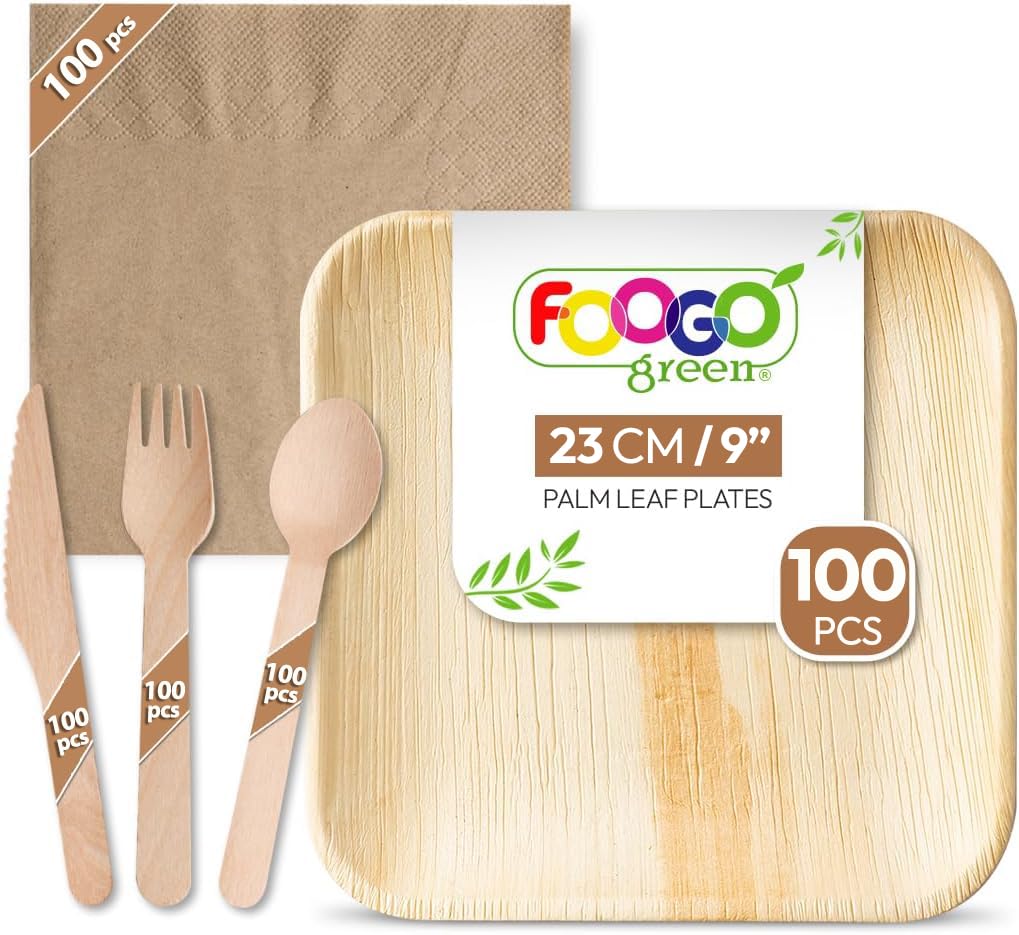 FOOGO Green 500pcs Disposable Palm Leaf Plates, Wooden Cutlery Set and Brown Napkins, FSC® Certified, 100x Large Square Plates, 100x Forks, 100x Knives, 100x Spoons, 100x Brown Napkins, Eco Friendly