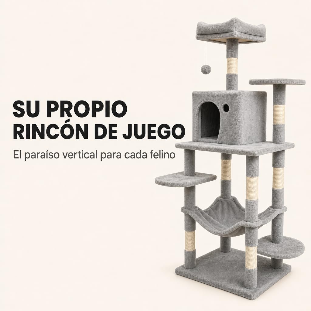 Árbol Rascador Gatos – Torre 4 Niveles con Caseta, Hamaca Cuna, Escalera, Postes Sisal, Juguetes Colgantes, Base 50×35cm, para Gatos Adultos (Gris, 140 cm)