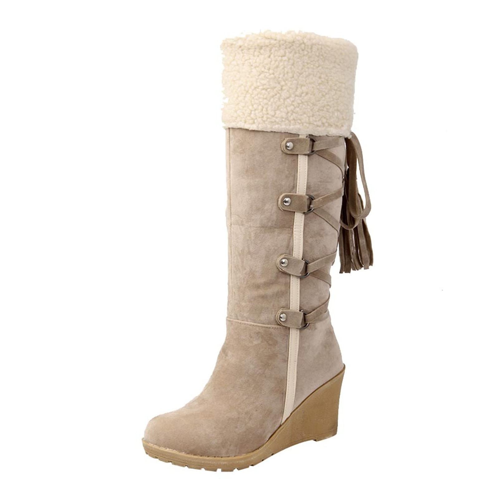 Womens Knee High Snow Boots Fur Lined Winter Warm Suede Boots Wide Calf Lace Up Wedge Boot with