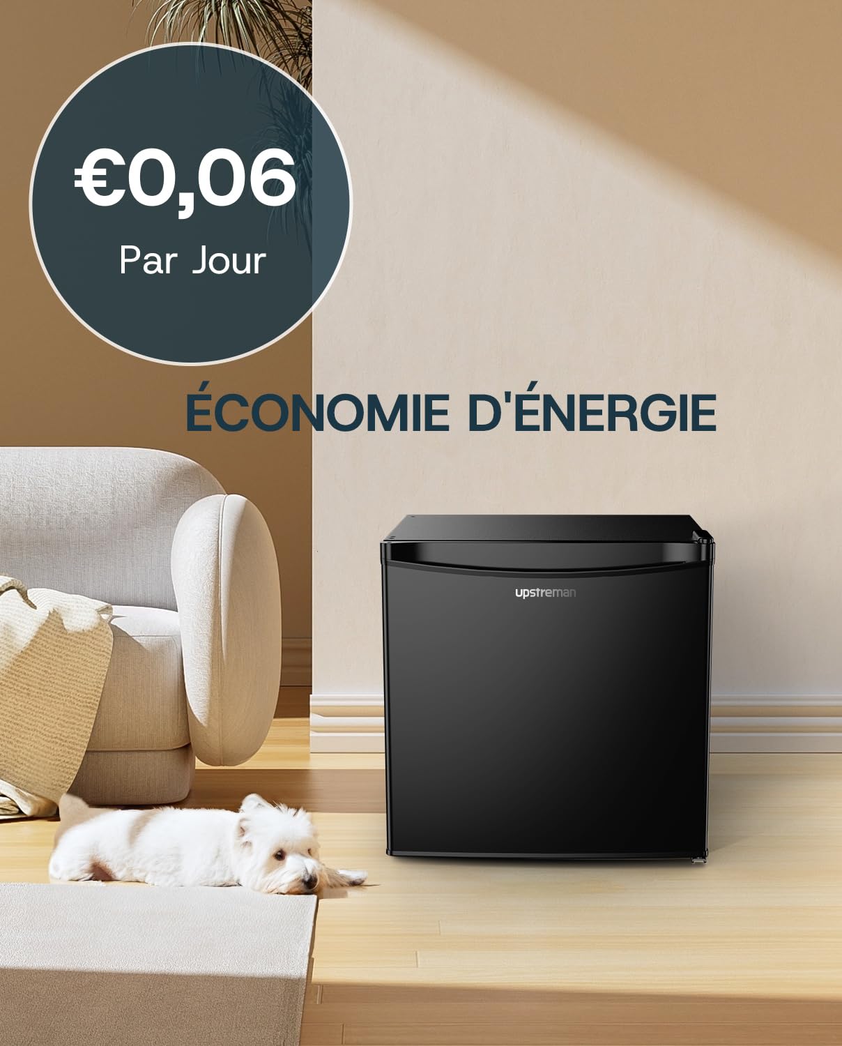 Upstreman Mini Réfrigérateur 46L avec Congélateur, Thermostat Réglable, Porte Réversible, Noir Brillant