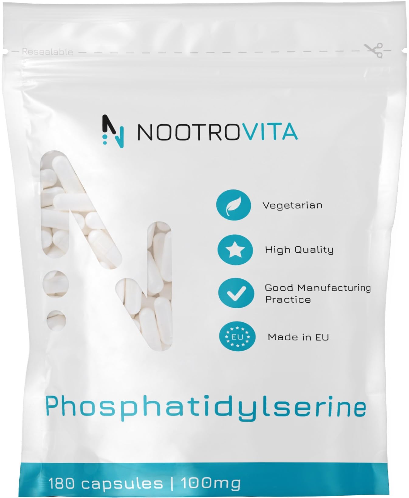 Fosfatidilserina Integratore 180 Capsule – 300 mg al Giorno (100 mg per Caps) - Fosfatidilserina Cortisolo – Integratore per Abbassare il Cortisolo – Supporta Memoria e Concentrazione – Nootrovita