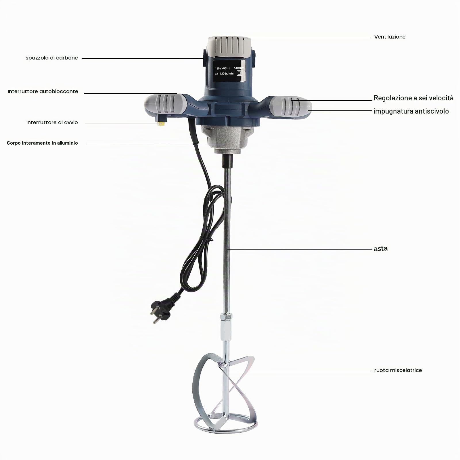 Miscelatore elettrico per malta 1400 W a 6 velocità – Agitatore con doppia asta di miscelazione, 1200 giri/min, manico antiscivolo e interruttore autobloccante – Per vernice, colla, cemento e intonaco