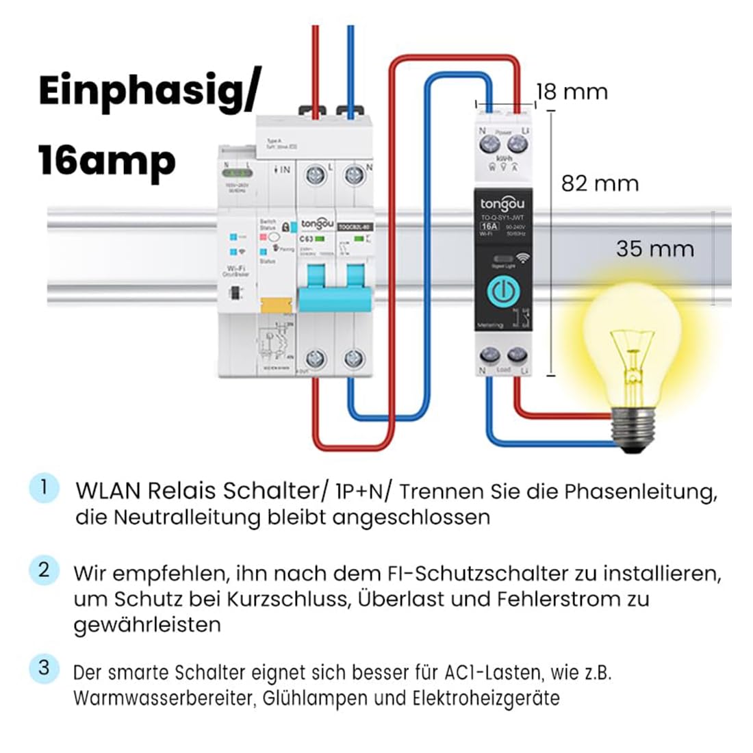 Smart Life WIFI 1P Hutschiene für Smart Home Wireless Fernbedienung Schalter von TUYA APP DIY Idee TONGOU (Mit Metering 16A)
