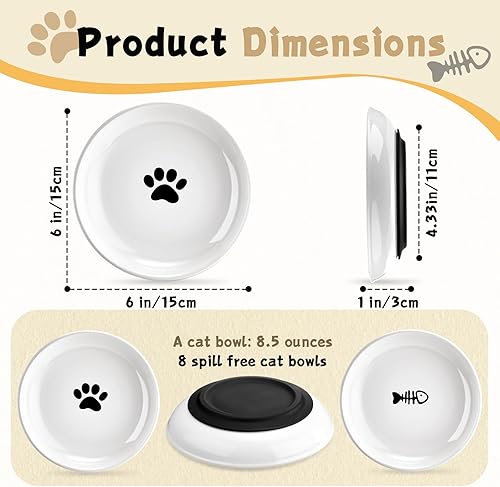 Miniatura 6 de Tazón de comida para gatos, paquete de 8 cuencos de cerámica de alta calidad para gatos, parte inferior de silicona antideslizante, platos pequeños