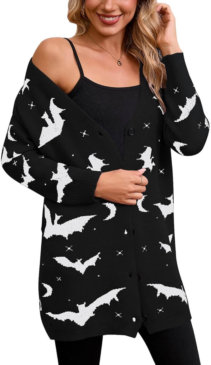 Womens Halloween Long Sleeve Open Front Cardigan Casual Loose Cute Heart Knit Cardigans