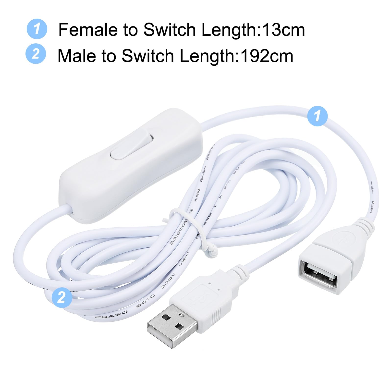 MECCANIXITY Przedłużacz USB z włącznikiem/wyłącznikiem, 2 metry, USB męski na żeński, przedłużacz do lampy biurkowej, wentylatora, taśma świetlna LED, biały, opakowanie 2 szt
