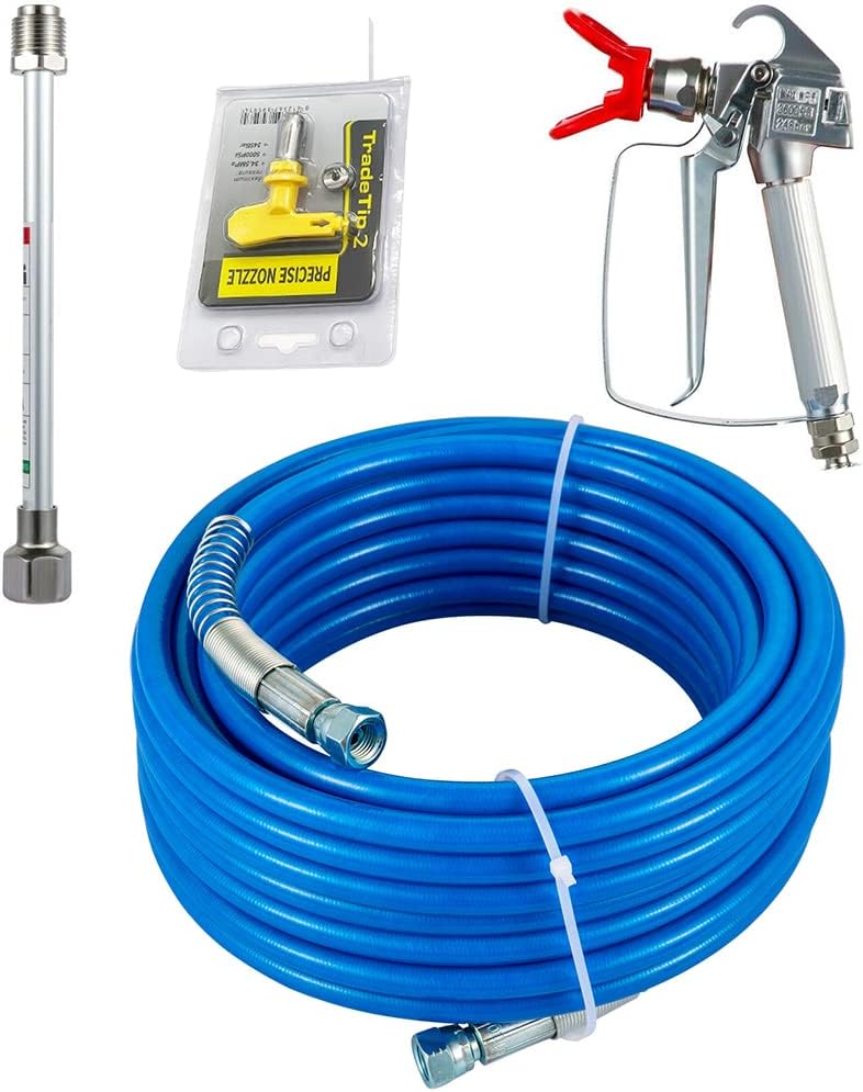 50FT Airless Paint Spray Hose kit,High Pressure 3600 PSI Fiber Tube with 517 Tip and Tip Guard, Airless Spray Gun with 8in Extension Rod Pole and 1/4in Swivel Joint for Buildings Decoration (Bule)