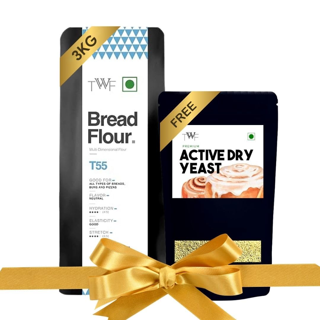 TWF Bread Flour T55 - Buy 3 kg Bread Flour, Get 100g Yeast Free | Premium Unbleached All Purpose Flour for Breads, Buns & Pizzas | Ideal for Home Baking | Bake Perfect Breads Everytime