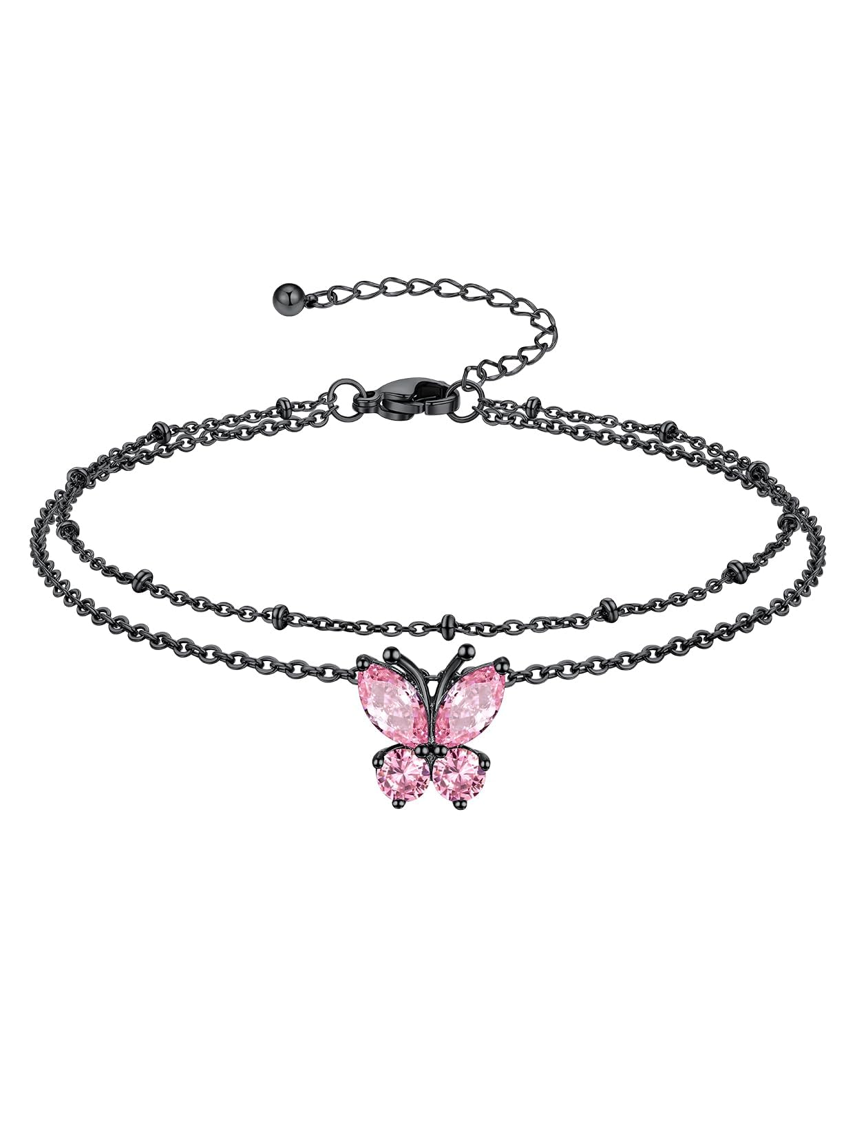 Richsteel Double Layer Heart/Butterfly Birthstone Anklet for Women Non Tarnish Waterproof, Silver/Gold/Black Stainless Steel 8.5-10.5 Inch Adjustable