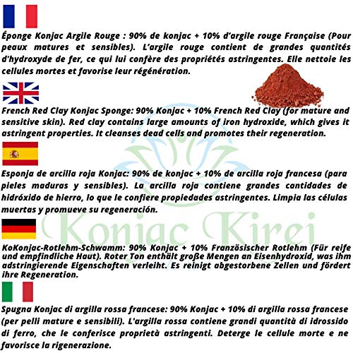 Konjac Kirei Paris - Esponja konjac limpiador facial exfoliante,para el cuidado facial de maquillaje, punto negro, 100% natural, para hombre y mujer, marca francesa (Arcilla roja francesa) - imagen 2