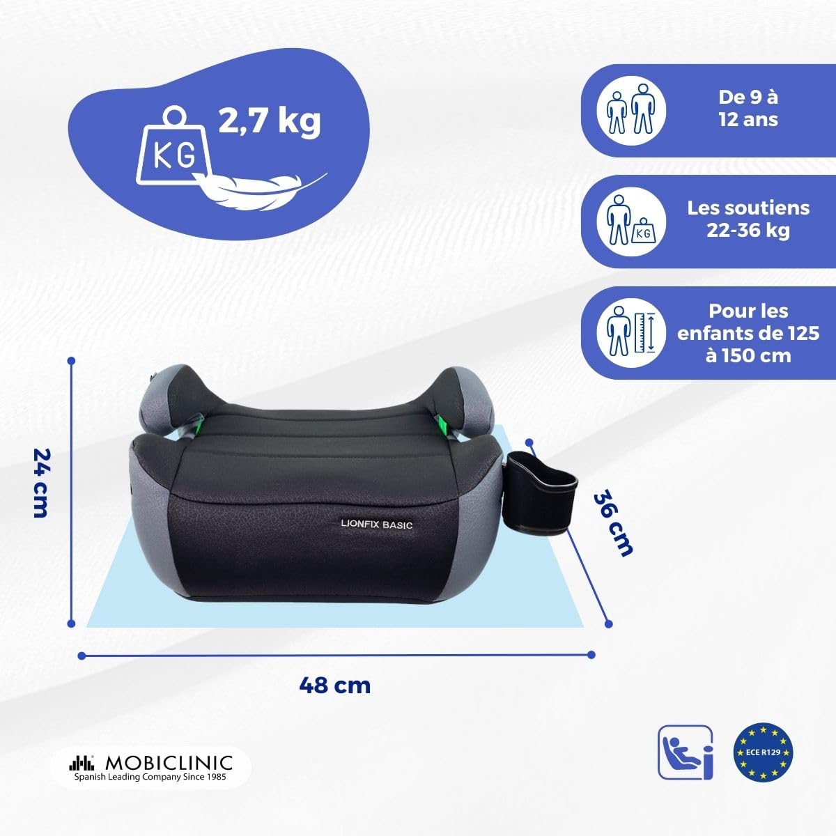 Mobiclinic®, Rehausseur Voiture Enfant, ISOFIX Réglable, I-Size ECE R129, Porte-Bouteille Amovible, 125-150 cm, Housse Amovible et Lavable, 22 à 36 kg, Accoudoirs Rembourrés, Lionfix Basic