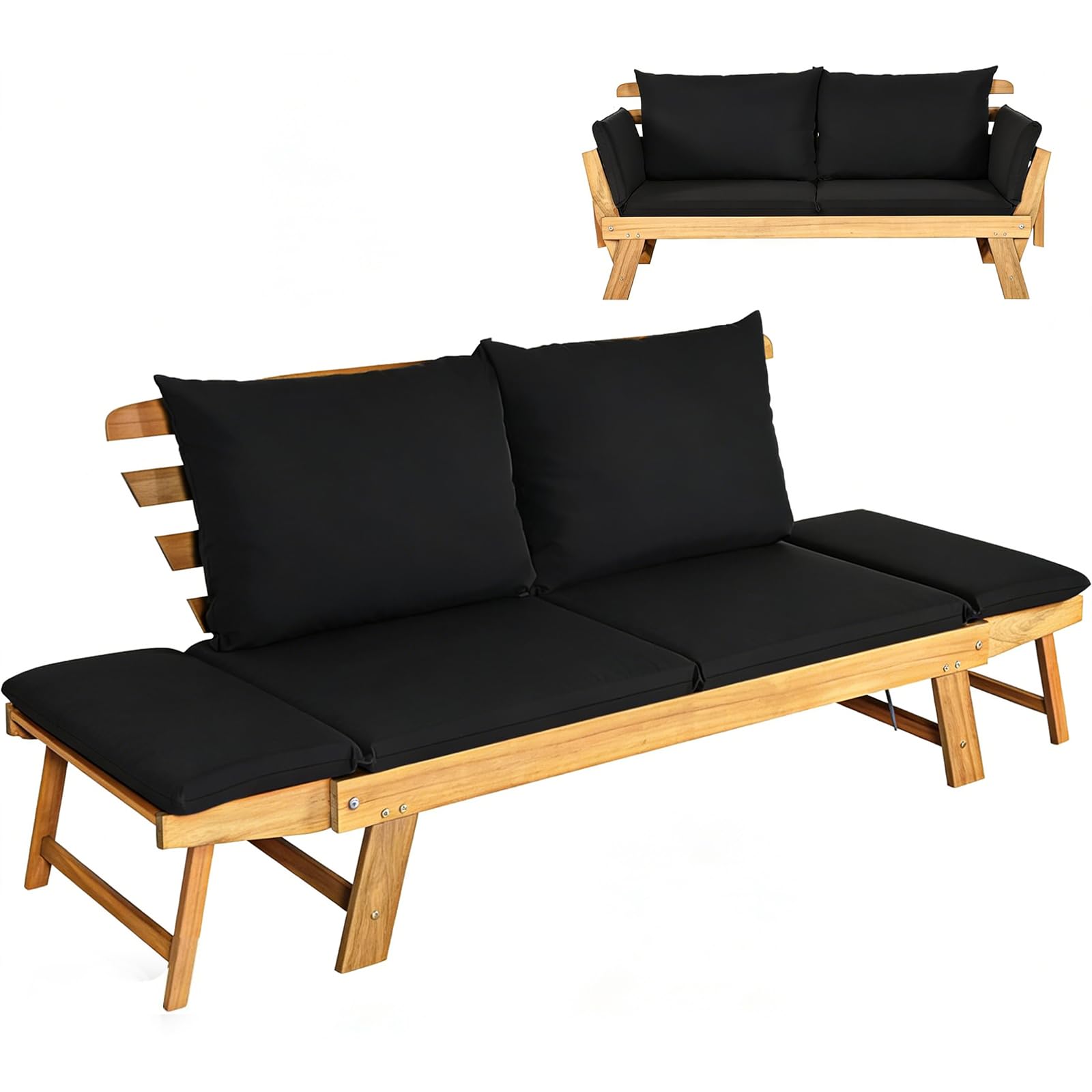 CASART 3 in 1 Sofa Bed, Acacia Wood Folding Daybed Sofa Bench with Cushions and Pillows, Convertible Couch, Outdoor Chaise Lounge Loveseat for Patio Balcony Yard Poolside (Black)