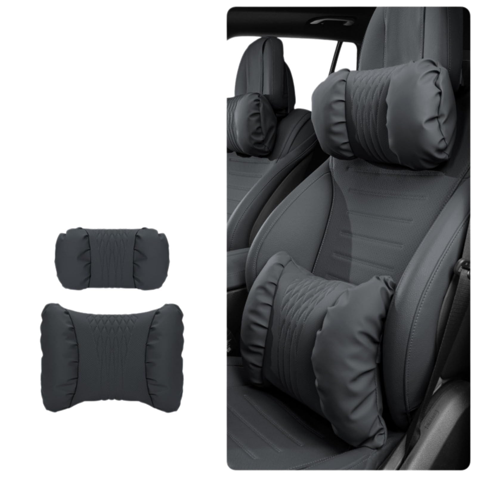 Cuscino Auto, Lombare del Collo Poggiatesta Dell'auto E di Supporto Lombare, Posteriore in Schiuma Memoria Pelle per Seggiolino SUV, Camion Universal Fit-Black Set
