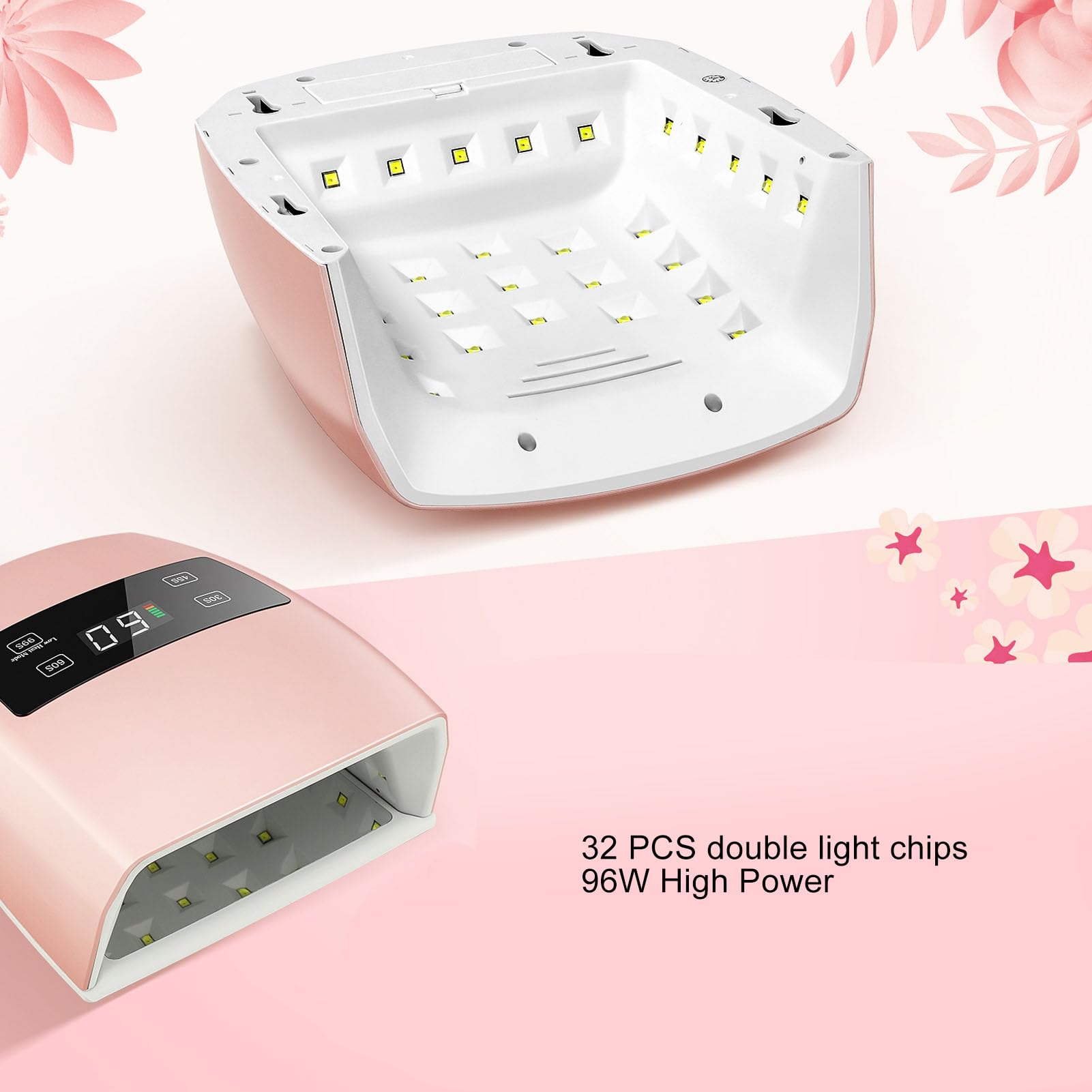 UV LED Nageltrockner, 96 W Schnell Trocknend LED Nagellicht Lampe Wiederaufladbar Nageltrockner Lampe mit Sensor LCD Display für Gelnägel Finger Zehennagel Nagel Trocknergerät (EU-Stecker)