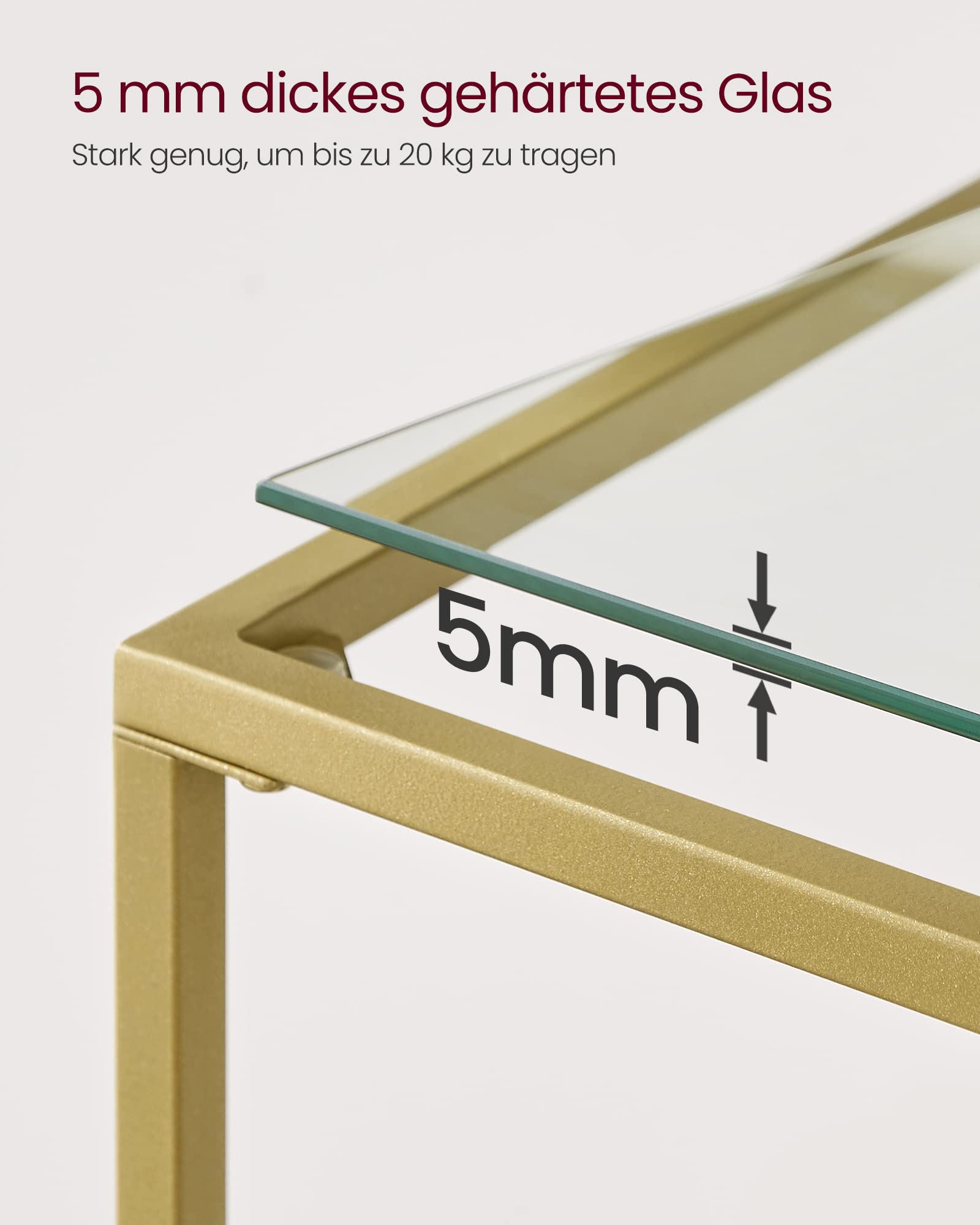 VASAGLE Konsolentisch, Beistelltisch, Oberfläche aus Hartglas, moderner Sofatisch, einfacher Aufbau, verstellbare Füße, Wohnzimmer, Flur, goldfarben-transparent LGT025A01