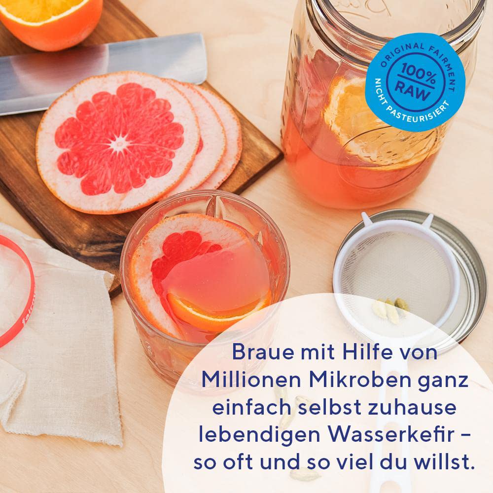 Fairment Starterkit Wasserkefir - Bio Kefirkristalle, Glas, Zutaten, Zubehör und Rezepte