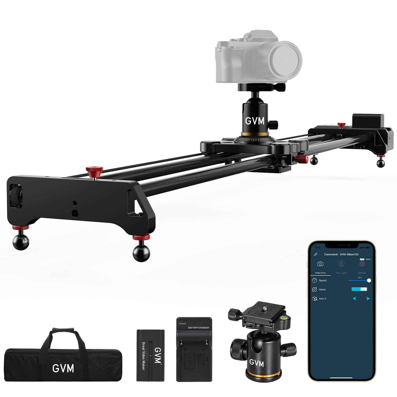 GVM Motorized Camera Slider, 48''/120CM Carbon Fiber Camera Slider with APP Control, Support Video Mode, Time Lapse Photography, Horizontal, Tracking and 120° Panoramic Shooting